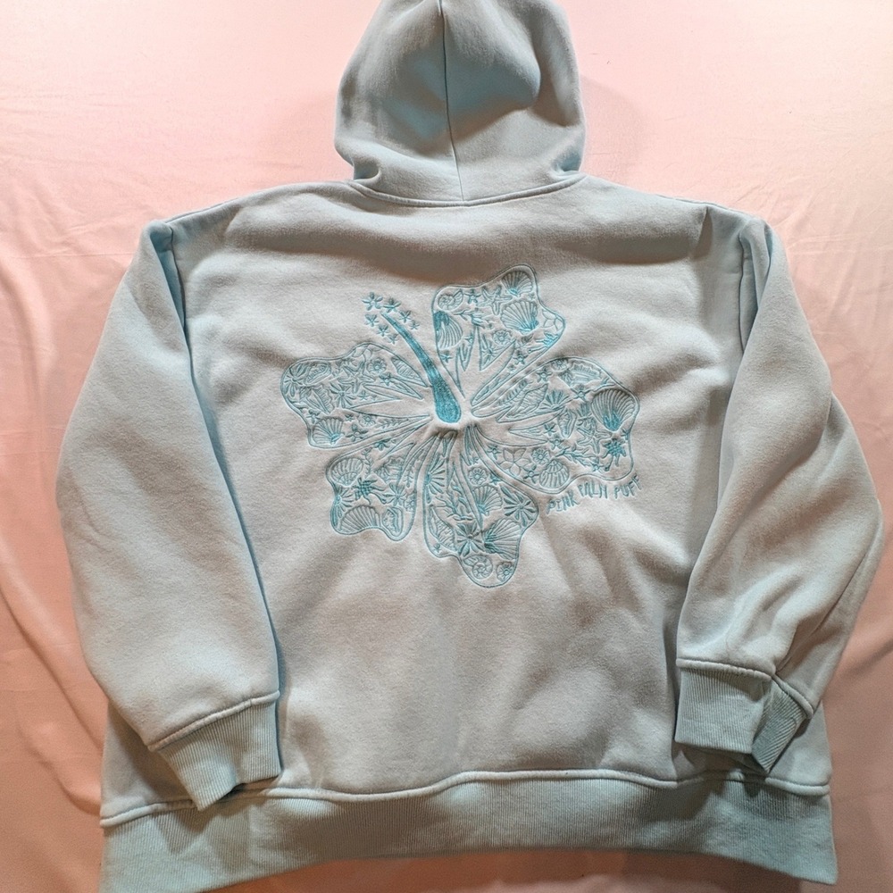 Pink Palm Puff Hoodie Womens Large Blue Tropical Embroidered Fleece Sweatshirt - Picture 3 of 9
